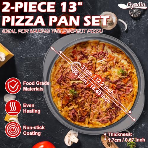 Gymdin Pizza Pan for Oven - 13" Round Pizza Pans with Holes(2 Pack), Non-stick Carbon Steel Pizza Trays with Handle, Easy to Clean & Oven Safe