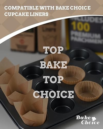 Bake Choice 2 Pack Muffin Pan for Baking, Standard Cupcake Pan includes 100 Natural Cupcake Liners, Muffin Tin Nonstick 12 Cup, Baking Pans Set, Carbon Steel Baking Supplies