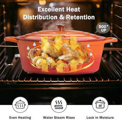 Enameled Oval Dutch Oven Pot with Lid, 8 QT Cast Iron Dutch Oven with Dual Handles for Cooking, Bread Baking, Frying, Non-stick Enamel Coated Oven (8 QT Orange)