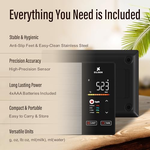 EILISON Smart Kitchen Scale with Nutrition Calculator, Digital Food Scale, Large TFT Color Display, Bluetooth App for 999+ Foods, Calorie Counter & 24 Nutrients Analyzer, 5000g Capacity (Black)