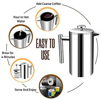 Utopia Kitchen 304 Grade Stainless Steel French Press Coffee Maker 34 Oz, Double Wall Insulated Coffee Press with 4-Level Filtration System, Include 2 Extra Filters, Rust-Free, Dishwasher Safe, Silver