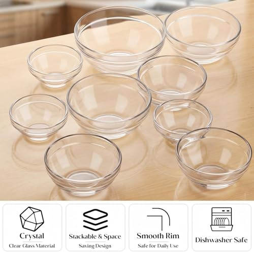 LemonRoad 20 Pcs Glass Prep Bowls Sets 4 Sizes 2.5/4.5/8.5/12.9 oz Cooking Clear Small Prep Pinch Bowls Mini Stackable for Toppings, Kitchen, Salt, Spices, Dipping, Baking & Meal