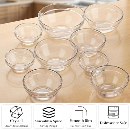 LemonRoad 20 Pcs Glass Prep Bowls Sets 4 Sizes 2.5/4.5/8.5/12.9 oz Cooking Clear Small Prep Pinch Bowls Mini Stackable for Toppings, Kitchen, Salt, Spices, Dipping, Baking & Meal