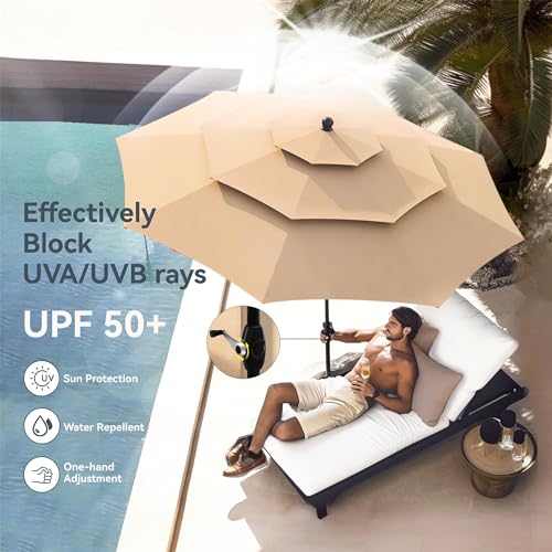 PHI VILLA 5 Piece Patio Dining Set with 10FT Umbrella (Beige), Outdoor Table and Chairs Set with Patio Folding Dining Chairs & Metal Square Dining Table for Yard Garden Deck