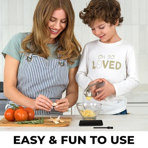 Zulay Kitchen Premium Garlic Press Set - Rust Proof Professional Garlic Mincer Tool - Easy-Squeeze, Easy-Clean with Soft, Ergonomic Handle - Silicone Garlic Peeler & Brush (Silver)