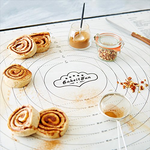 BakeitFun XX-Large Silicone Pastry Mat 33.5 x 22.5 in nonstick surface with inch and cm guides, concentric circles, conversion charts, BPA free, heat safe to 450°F, dishwasher safe