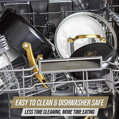 Blue Diamond Gold 10 Piece Cookware Pots and Pans Set, Induction Suitable, Diamond Infused PFAS-Free Ceramic Nonstick, Durable, Metal Utensil Safe, Dishwasher Safe, Gold Handle, Black