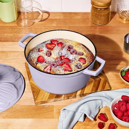 4 Quart Enameled Cast Iron Dutch Oven, Round Pot with Petal Design Lid, Non-Stick Enamel Coated Heavy-Duty Braising Pot for Stovetop, Oven Safe, Ideal for Baking, Stewing, Roasting & Daily Cooking