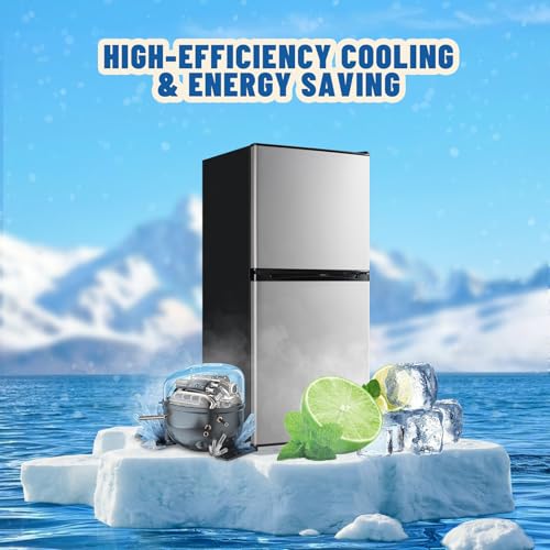 DEMULLER 3.88 CU.FT Capacity Refrigerator with Freezer Double Door Mini Fridge Small Refrigerator with 7 Adjustable Temp Control & 3 Glass Shelves for Kitchen Office Dorm Silver