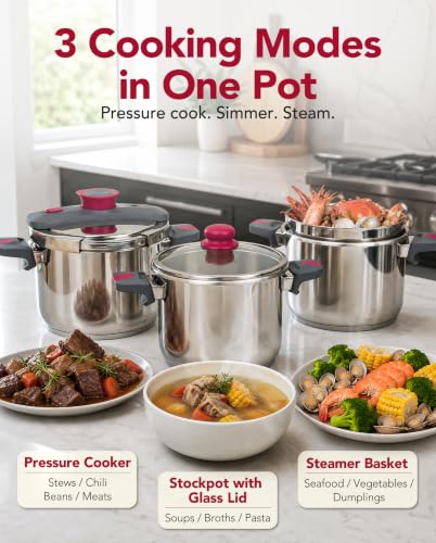 MICHELANGELO Stovetop Pressure Cooker Stainless Steel, 4.2 qt, 304 Stainless Steel, 6-Fold Safety System, One-Hand Easy-Open Lid, 2 Pressure Settings, Steamer Basket & Glass Lid, Induction Compatible