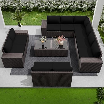 RTDTD 12 PCS Outdoor Patio Furniture Set,Outdoor Sectional Furniture All Weather PE Rattan Wicker Patio Conversation Set with 2 Coffee Tables and 10 Thickened Cushions,Black