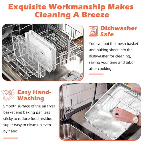 TeamFar Air Fryer Basket for Oven, 2 Set Stainless Steel Air Fryer Basket and Tray, 16”x12” Oven Air Fryer Rack with Baking Pan for Cooking Baking Broiling Grilling, Heavy Duty & Dishwasher Safe