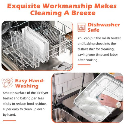 TeamFar Air Fryer Basket for Oven, 2 Set Stainless Steel Air Fryer Basket and Tray, 16”x12” Oven Air Fryer Rack with Baking Pan for Cooking Baking Broiling Grilling, Heavy Duty & Dishwasher Safe
