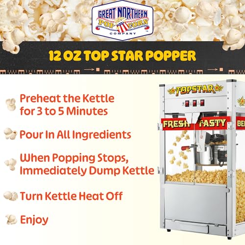 Top Star Popcorn Machine - 12oz Stainless-Steel Kettle, Reject Kernel Tray, Warming Light, and Accessories by Great Northern Popcorn (Red and Yellow)