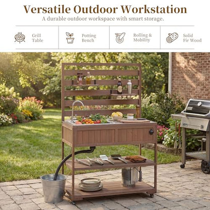 Pasirou 41.7" W Outdoor Kitchen Island with Stainless Steel Top, Garden Potting Bench with Sink, Rolling Grill Cart with 2 Movable Shelves, 1 Bottle Opener for Gardening, Grilling, Brown