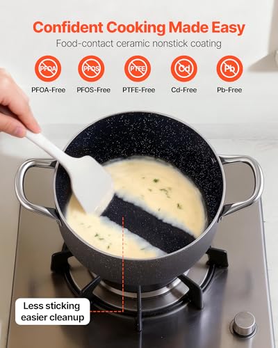 VEVOR Aluminum Stock Pot, 6-Quart Nonstick Ceramic Coated Pot with Glass Lid, PFOA-Free, PFAS-Free, Compatible with Gas Stoves, Induction Cooktops, Electric Stoves, for Soups, Stews, and Pasta
