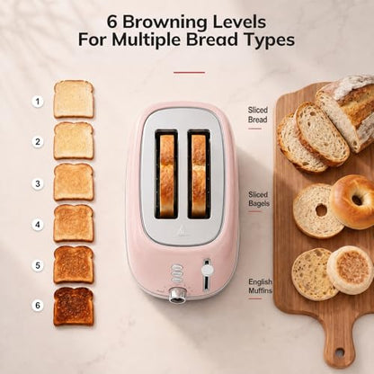 2 Slice Toaster Retro Stainless Steel with Bagel, Cancel, Defrost Function and 6 Bread Shade Settings Bread Toaster, Extra Wide Slot and Removable Crumb Tray (Pink)