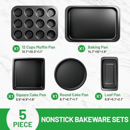 Zapstarz 5 Pieces Baking Pans Set, Nonstick Baking Sheet Tray Oven Pans Bakeware Set, Baking Supplies with Round/Square Cake Pan, Muffin Pan, Loaf Pan, Roast Pan, Stackable Baking Sets for Cooking