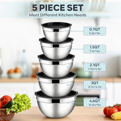 E-far Mixing Bowls With Lids Sets of 5, 10-Piece Stainless Steel Salad Metal Nesting Bowl for Baking Cooking and Prepping, Airtight Lid & Stackable Design, Size 4.6, 3, 2.1, 1.5, 0.7 QT, Black