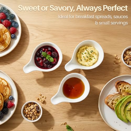 Flexzion Ceramic Dipping Bowls, Small Bowls for Dipping with Handle, Condiment Cups Soy Sauce Dish, Porcelain Ramekins, Sauce Holders, Containers for Small Side Dishes Dips - 3 oz, Set of 6, White