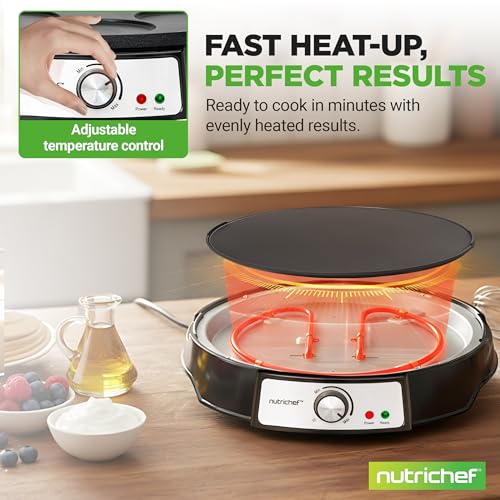 Electric Crepe Maker & Griddle Cooktop | Nonstick Reversible 12 Inch Hot Plate with LED Indicator Lights & Adjustable Temperature Control | Wooden Spatula & Batter Spreader NutriChef Included
