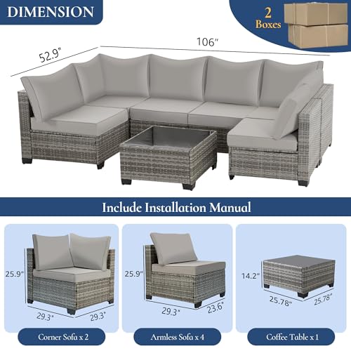 FHFO 7 Piece Outdoor Wicker Patio Furniture Set, Rattan Sectional Sofa Couch, Patio Conversation Set with Cushion & Coffee Table, for Backyard Poolside Porch Garden, Grey
