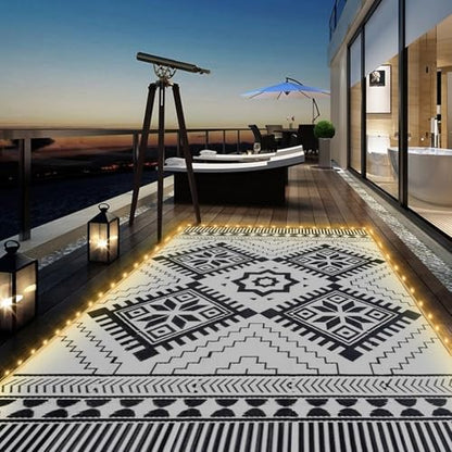 DiiKoo Waterproof Outdoor Rug Mat for Patio, Waterproof Plastic Straw Rugs for Patio RV Camping Picnic Balcony, Boho3 LED3 (Black&White)/8x10ft with LED Lights