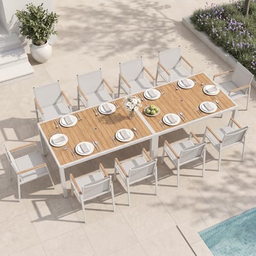 Oasbira Outdoor Dining Set for 10, Aluminum Patio Table and Chairs Set, 12-Piece All Weather Patio Dining Furniture Set with Umbrella Hole for Backyard, Deck, Poolside (White-Teak)