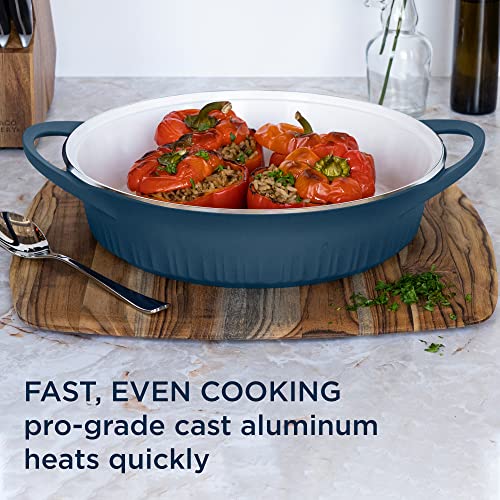 CorningWare QuickHeat 4-QT Cast Aluminum Braiser With Lid, Nonstick Ceramic Interior, Lightweight and Fast Even Heat Baking & Cooking, For Meats, Soup, Browning, Searing, French Navy