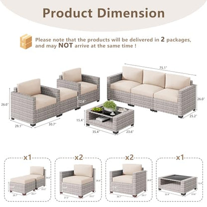 LOUVIXA 7 Piece Outdoor Patio Furniture Set, Rattan Chairs Glass Table Wicker Conversation Seating Sectional Sofa with Cushions (Grey White-Beige, 7Pcs-2 Layer Coffee Table)