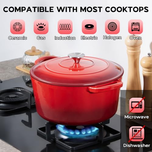Onader Dutch Oven Pot with Lid, 6 QT Enameled Cast Iron Round Dutch Oven for Bread Baking, Heavy Duty Cast Iron Pot - Red