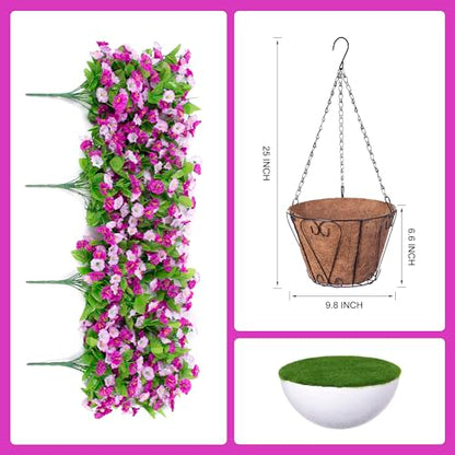 INXUGAO Artificial Flowers with Hanging Basket, Outdoor Faux Plants Silk Morning Glory Vines, Fake Green Arrangement for Garden Patio Spring Summer Decor(4pcs,Darkorchid)