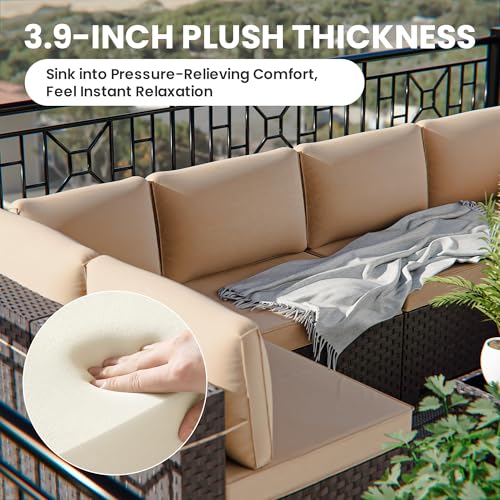 RTDTD 13 Pieces Outdoor Patio Furniture Set,Outdoor Sectional Furniture with 43" 55000 BTU Gas Propane Fire Pit Table,PE Rattan Wicker Patio Conversation Set,Swivel Rocking Chairs Set,Sand