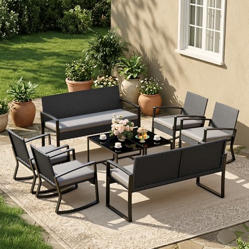 Ahomly 8 Piece Wicker Patio Furniture Set with Rocking Chairs, Grey