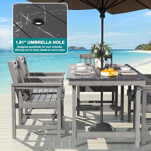 Mdeam 7-Piece HIPS Outdoor Dining Set, 66.9" Marble Texture Patio Table with Umbrella Hole, 440LBS Capacity, 6 Wider Chairs, Dining Table Set for 6, Outdoor Furniture with Galvanized Steel Frame, Grey