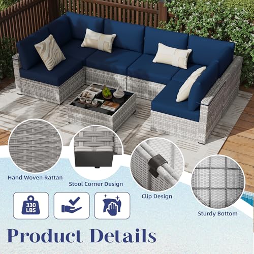 KIGOTY Patio Furniture Set,7 Pieces Modular Outdoor Sectional Sofa, PE Rattan Patio Conversation Set, All Weather Wicker Patio Furniture with Cushions and Coffee Table（Grey White/Dark Blue）