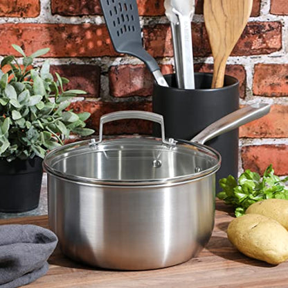 Babish Stainless Steel Saucepan 3.5 Quart Triply Professional Grade Cookware Durable Even Heat Distribution Sauce Pan with Handle for Cooking Boiling Sauces Soups and Everyday Kitchen Use