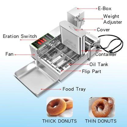 Kolice Commercial Mini Donuts Making Machine Frying Donuts Makchine - 4-Rows Production, 5.5L Hoppers, 1,800 Pcs Per Hour, Auto Counting, Timer and Temperature Control