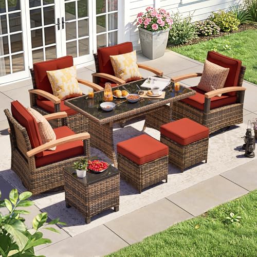 MEISSALIVVE 8 Pieces Patio Furniture Sets, PE Wicker Outdoor Conversation Sets with 2 Wood Armrests Swivel Rocker Chairs, 2 Fixed Single Chairs, 2 Ottomans and Dining Table(Red)