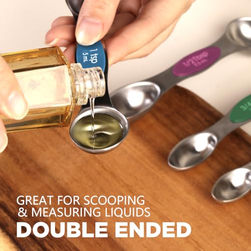 ChefAide Pack of 8 Stainless Steel Magnetic Measuring Spoons Set, Dual Sided, Stackable, Adjustable Teaspoon and Tablespoon Measure Spoon with Leveler, Kitchen Gadgets