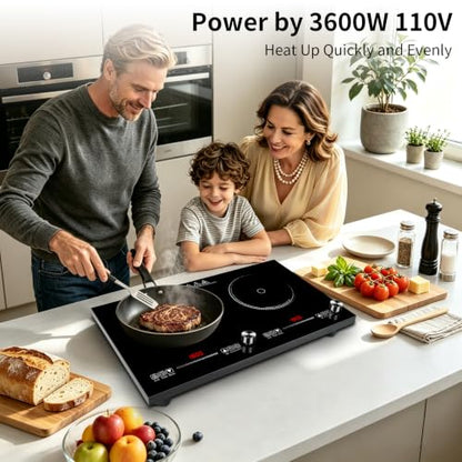 HUIPUSHE 2 burner induction cooktop,110V3600W 24 inch induction hot plate,induction stove top with LED touch and Knob Control, with 9 Power Levels, Kids Lock & 4H,24 Inch double induction cooktop