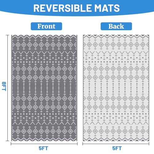 StepRite 5’ x 8’ Reversible Outdoor Rug, Waterproof Plastic Straw Rug, Patio Rug, Large Modern Area Rug Carpet, Indoor Outdoor Rugs for Camping, Porch, Deck, Balcony, Backyard, RV, Picnic(Grey)