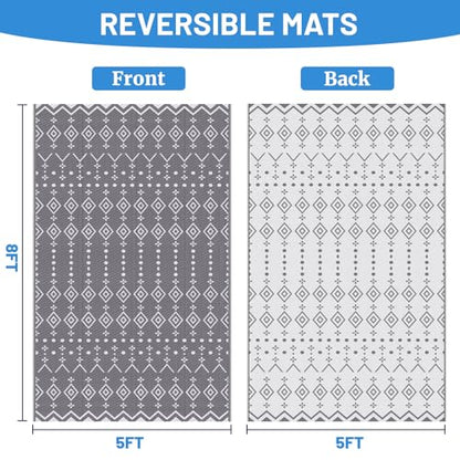 StepRite 5’ x 8’ Reversible Outdoor Rug, Waterproof Plastic Straw Rug, Patio Rug, Large Modern Area Rug Carpet, Indoor Outdoor Rugs for Camping, Porch, Deck, Balcony, Backyard, RV, Picnic(Grey)