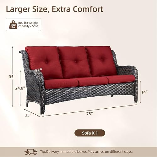 Rilyson Outdoor Patio Wicker Sofa 900Lbs Weight Capacity, Large 3 Seater Wicker Patio Couch with 4in Seat Cushions and Deep Seating, All Weather for Backyard, Garden, Poolside (Brown/Red)