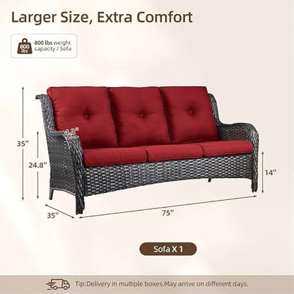 Rilyson Outdoor Patio Wicker Sofa 900Lbs Weight Capacity, Large 3 Seater Wicker Patio Couch with 4in Seat Cushions and Deep Seating, All Weather for Backyard, Garden, Poolside (Brown/Red)