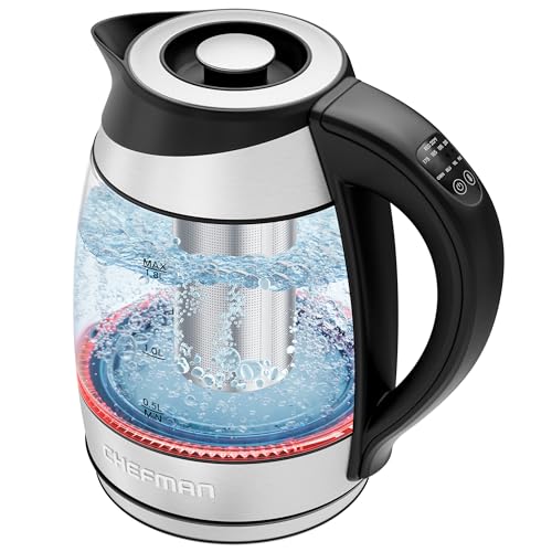Chefman Electric Kettle with Temperature Control, 5 Presets LED Indicator Lights, Removable Tea Infuser, Glass Tea Kettle & Hot Water Boiler, 360° Swivel Base, BPA Free, Stainless Steel, 1.8 Liters