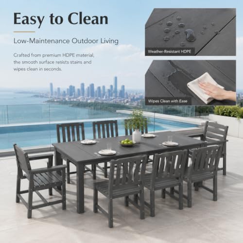 Kingdura 9 Piece Patio Dining Set for 8, All-Weather HDPE Patio Furniture, Ergonomic Chairs and 75.2'' Large Table Set with Built-in Umbrella Hole, UV-Resistant for Backyard, Deck, Poolside