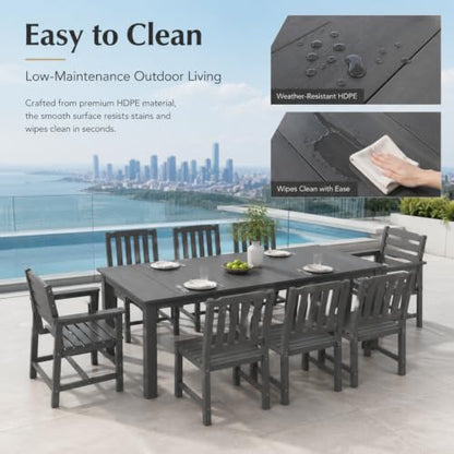 Kingdura 9 Piece Patio Dining Set for 8, All-Weather HDPE Patio Furniture, Ergonomic Chairs and 75.2'' Large Table Set with Built-in Umbrella Hole, UV-Resistant for Backyard, Deck, Poolside
