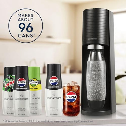 SodaStream Terra Sparkling Water Maker Bundle in Black - includes CO2, Carbonating Bottle, and Pepsi® Zero Sugar, Starry® Zero Sugar and MTN Dew® Zero Sugar 4-Flavor Variety Pack