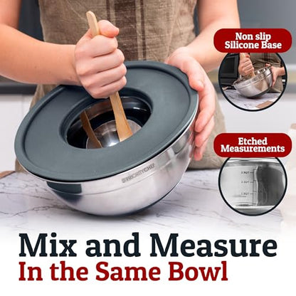 Priority Chef 6Pc Large Mixing Bowls With Lids Set with Non-Slip Bases, Stainless Steel Mixing Bowl Set, 6 Airtight Lids and 3 Graters, Grey